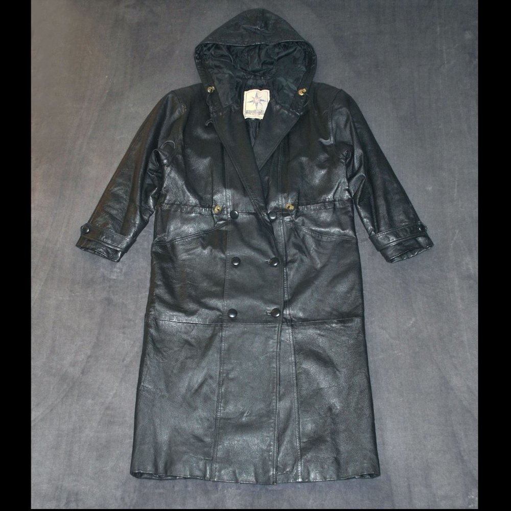 Vintage Middlebrook Park Black Leather Trench Coat w/ Hood Size Small